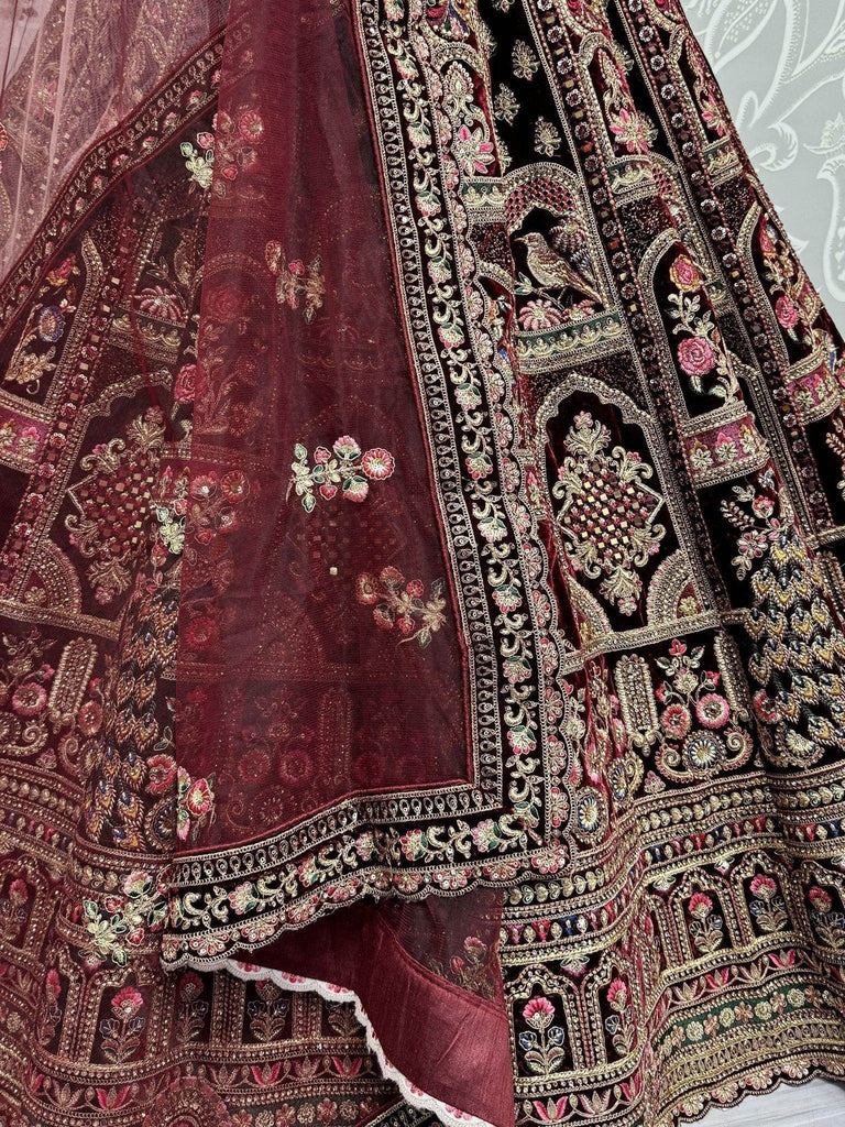 Surprising Maroon Embroidered Velvet Bridal Lehenga Choli With Dupatta - Ethnic Plus In