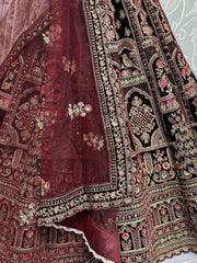 Surprising Maroon Embroidered Velvet Bridal Lehenga Choli With Dupatta - Ethnic Plus In