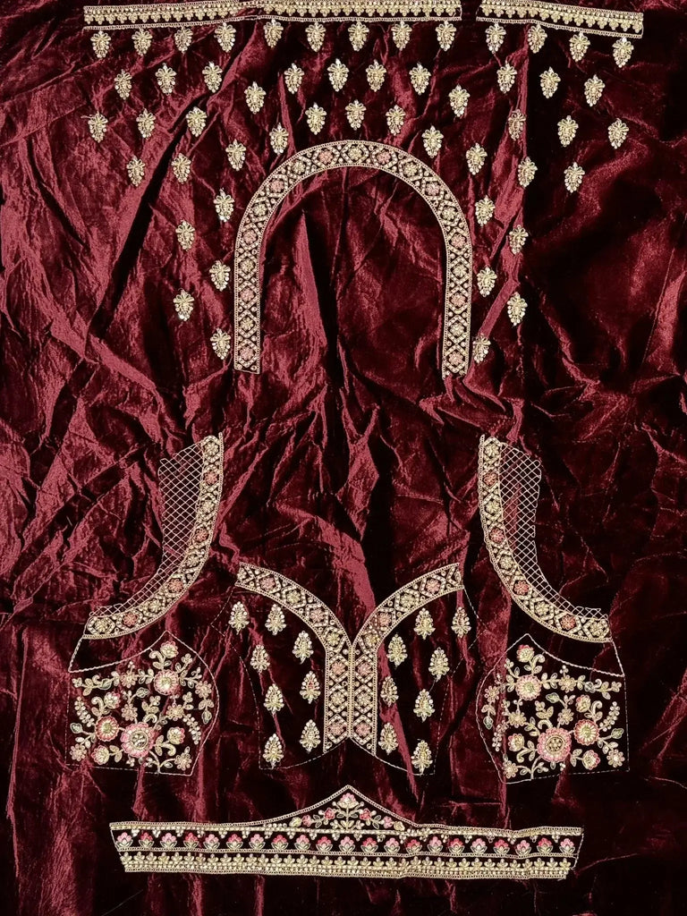 Surprising Maroon Embroidered Velvet Bridal Lehenga Choli With Dupatta - Ethnic Plus In
