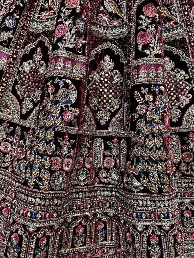 Surprising Maroon Embroidered Velvet Bridal Lehenga Choli With Dupatta - Ethnic Plus In