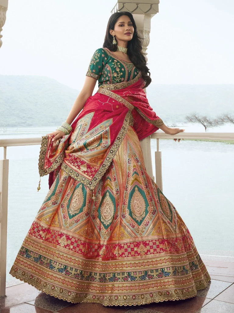 Surprising Multi Color Embroidered Silk Wedding Lehenga Choli With Dupatta - Ethnic Plus In