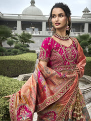 Surprising Peach Embroidered Silk Wedding Lehenga Choli With Dupatta - Ethnic Plus In