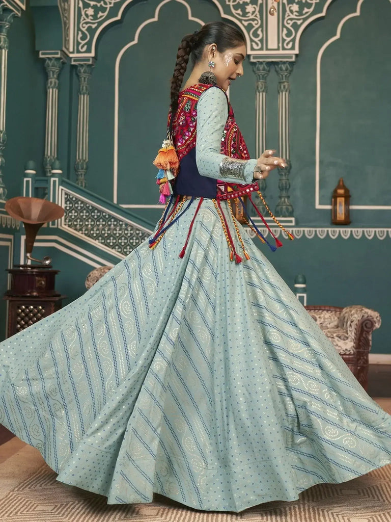 Surprising Pista Green Printed Rayon Navratri Lehenga Choli With Jacket - Ethnic Plus In