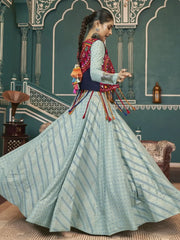 Surprising Pista Green Printed Rayon Navratri Lehenga Choli With Jacket - Ethnic Plus In