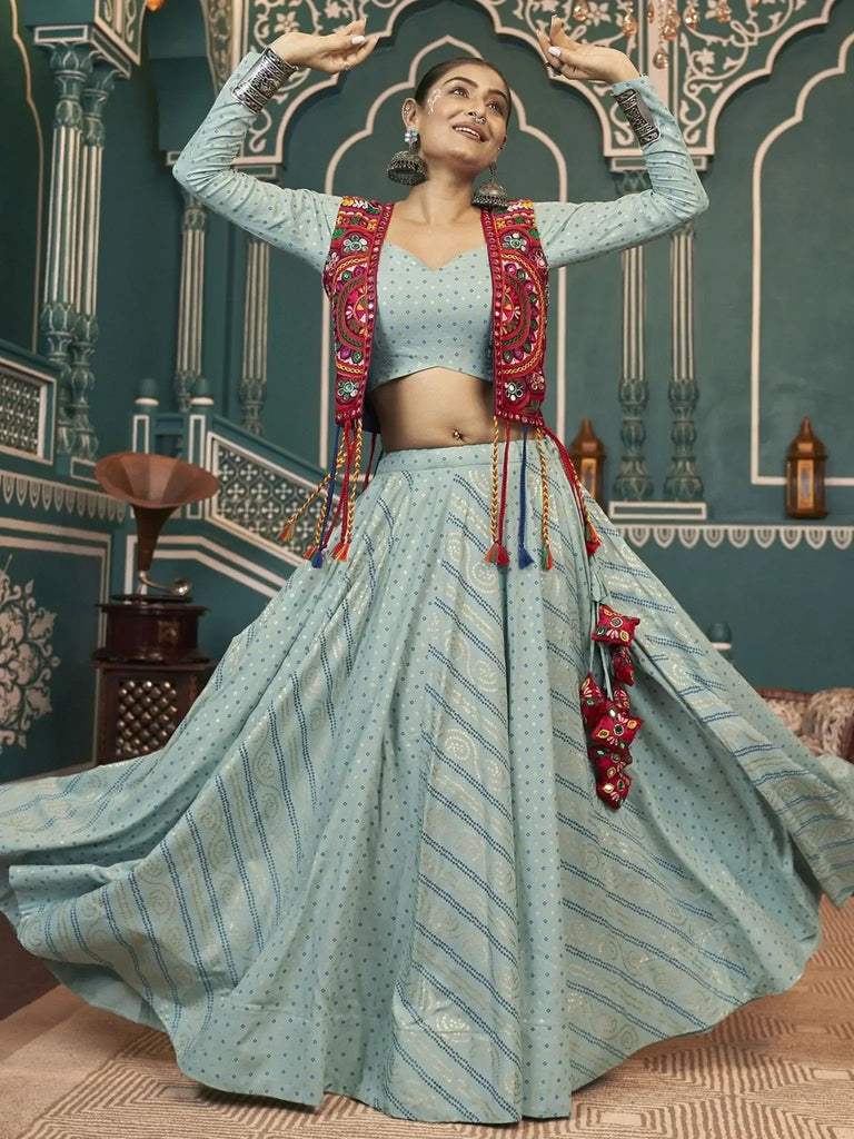 Surprising Pista Green Printed Rayon Navratri Lehenga Choli With Jacket - Ethnic Plus In