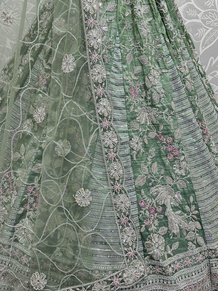 Surprising Pista Green Sequins Silk Designer Lehenga Choli With Dupatta - Ethnic Plus In