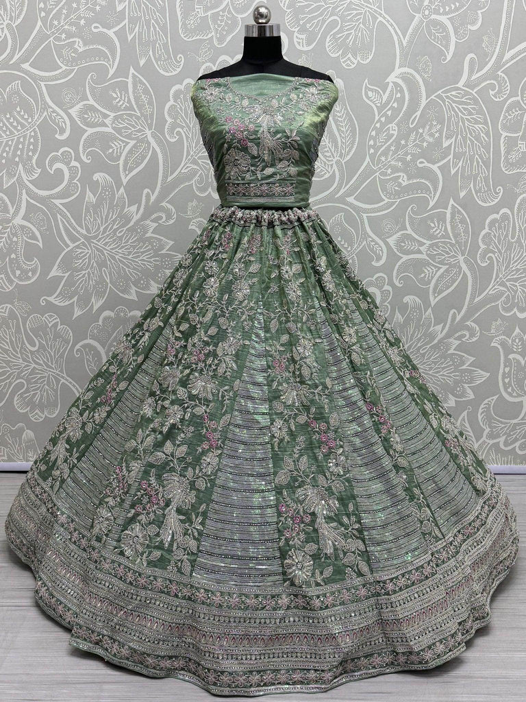 Surprising Pista Green Sequins Silk Designer Lehenga Choli With Dupatta - Ethnic Plus In