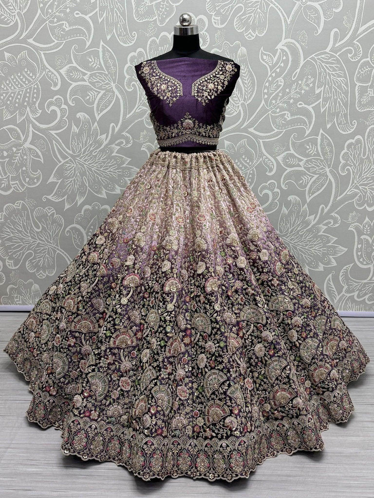 Surprising Purple Embroidered Velvet Bridal Lehenga Choli With Dupatta - Ethnic Plus In
