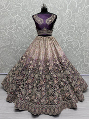 Surprising Purple Embroidered Velvet Bridal Lehenga Choli With Dupatta - Ethnic Plus In