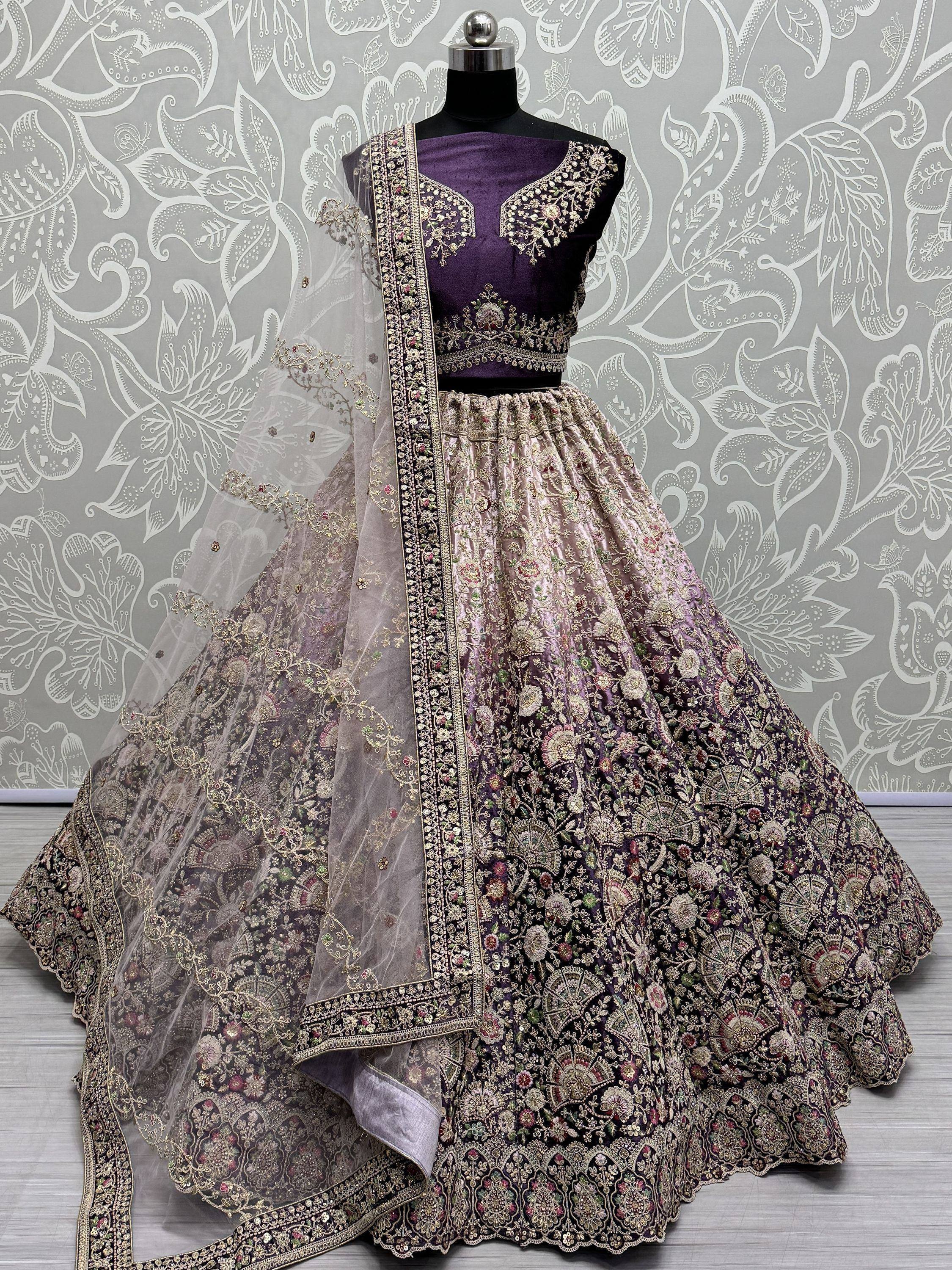 Purple embroidered lehenga choli with floral dupatta, Indian ethnic wear for weddings and festivals