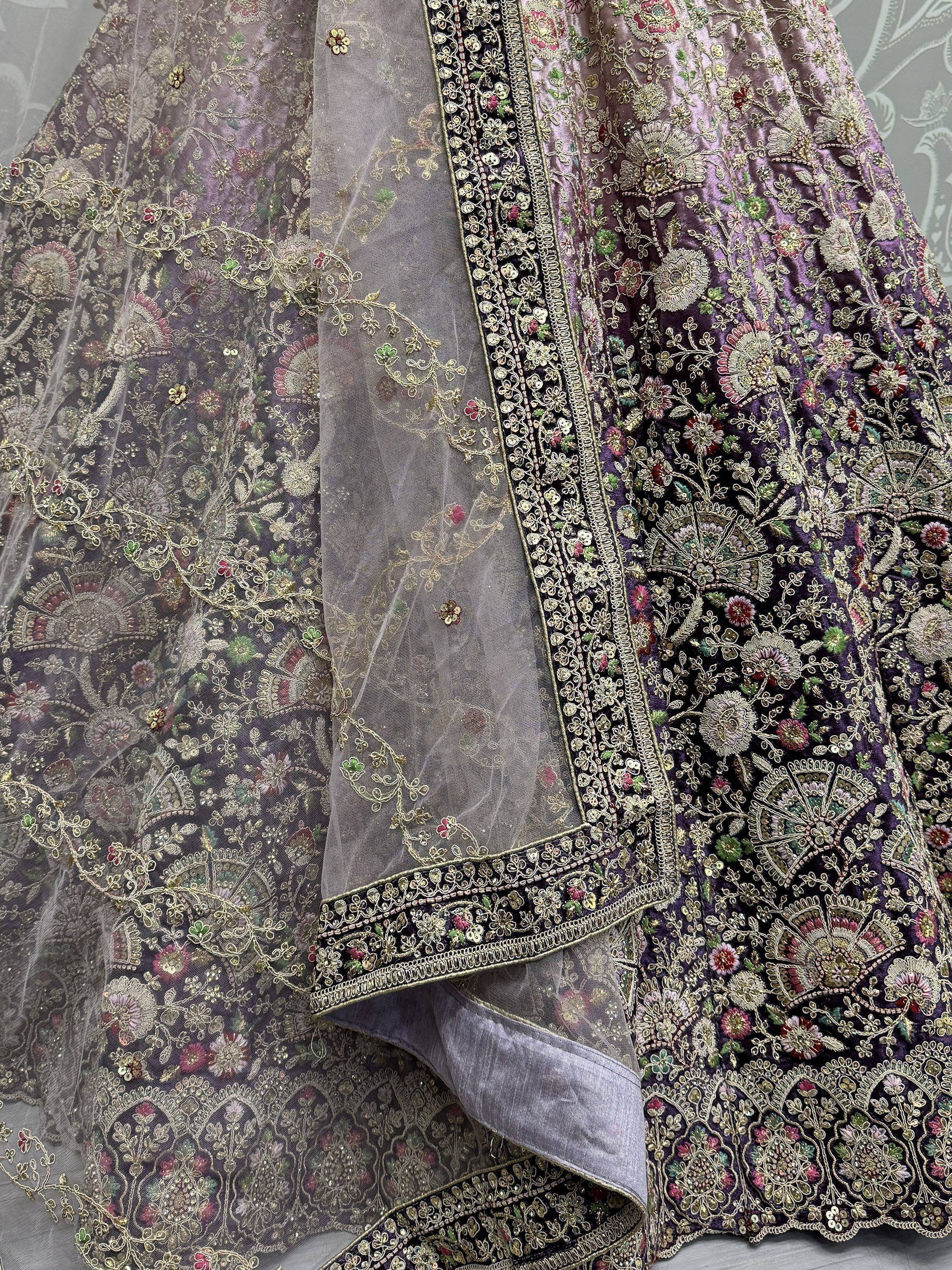 Purple velvet lehenga choli with heavy floral embroidery and sheer dupatta, Indian ethnic wear