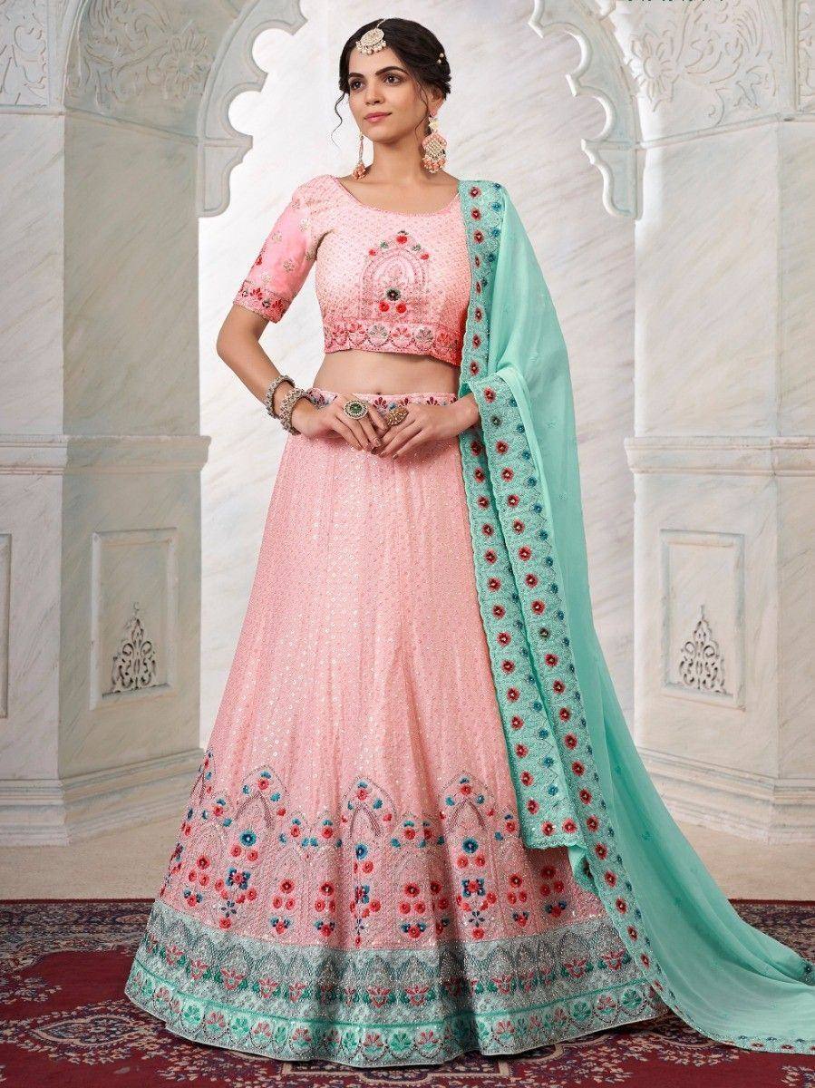 Pink embroidered lehenga choli with mint dupatta, Indian ethnic wear for weddings and festivals