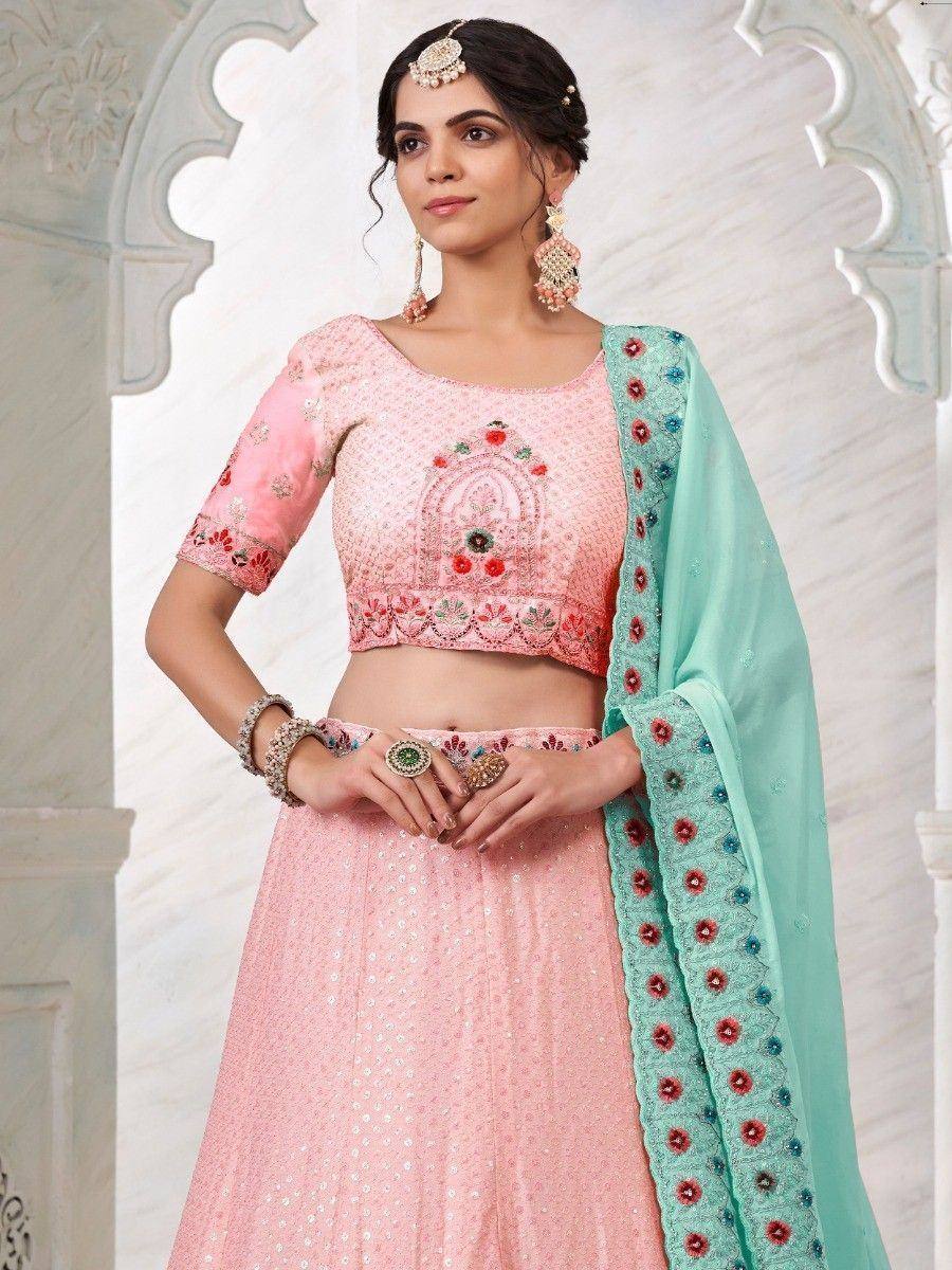 Pink embroidered lehenga choli with mint dupatta, Indian ethnic wear for women