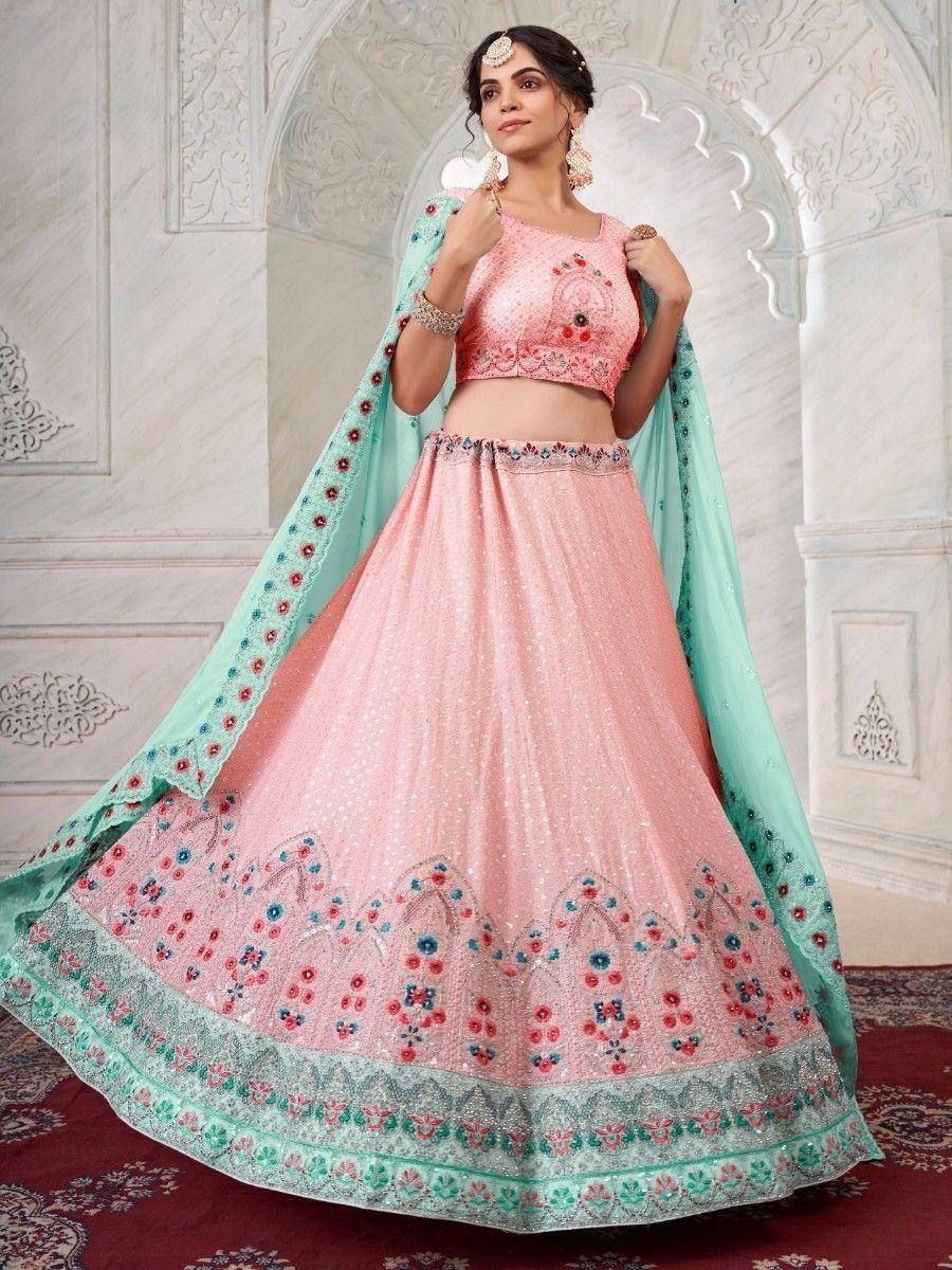 Pink embroidered lehenga choli with mint dupatta, Indian ethnic wear for weddings and festivals