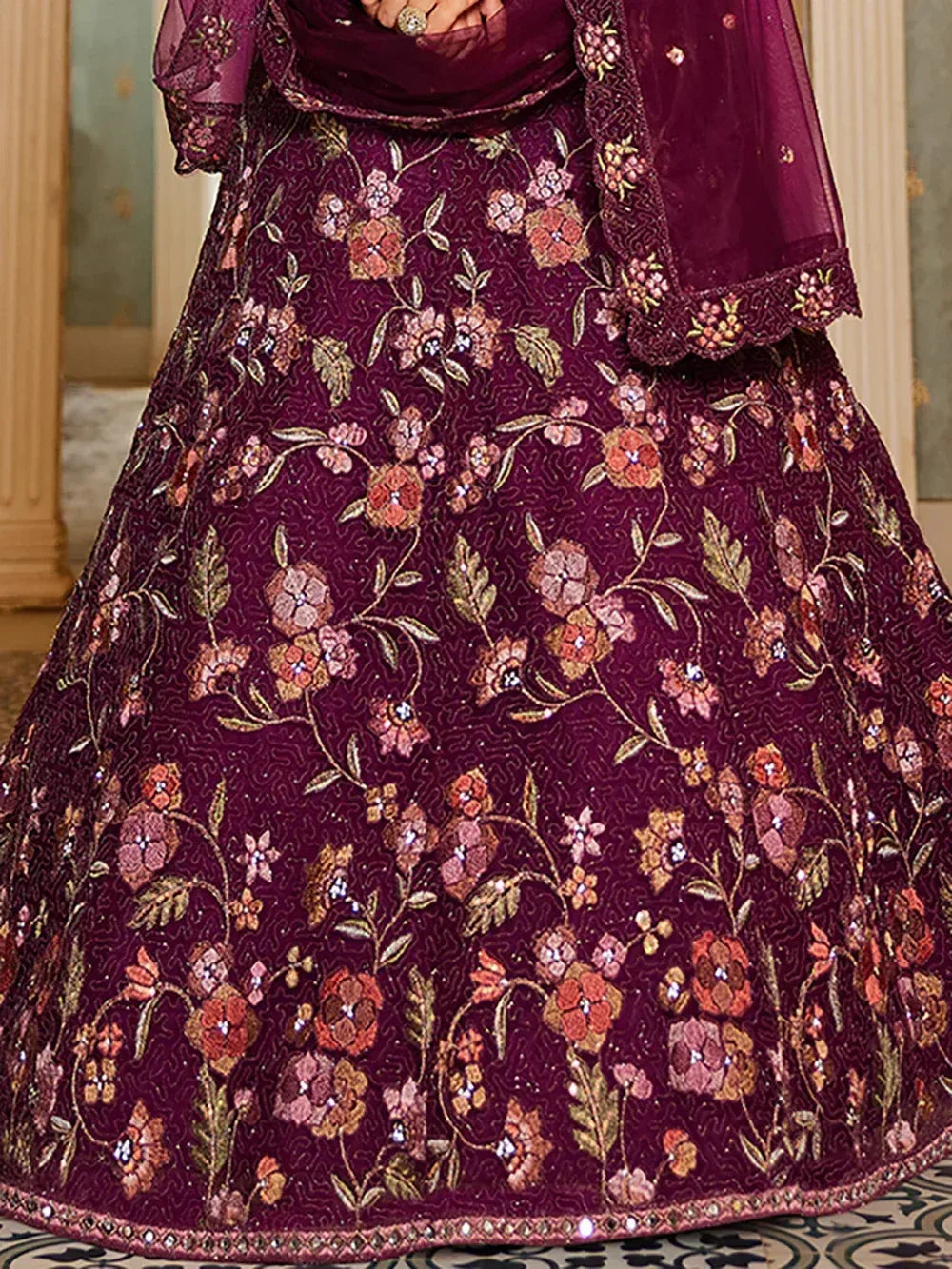 Purple floral embroidered lehenga choli with sheer dupatta, perfect for Indian ethnic wear occasions