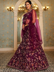 Sweet Burgundy Embroidered Net Reception Wear Lehenga Choli - Ethnic Plus In