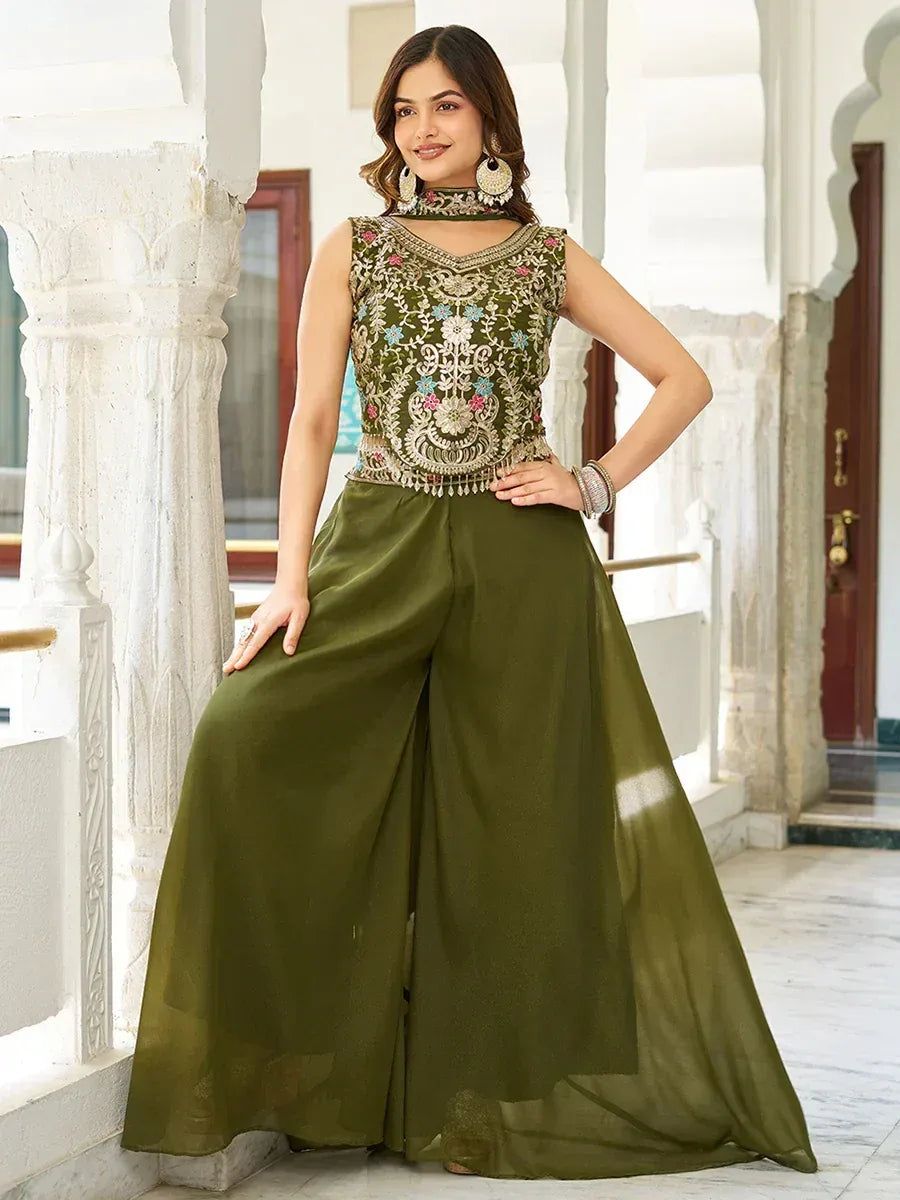 Olive green embroidered ethnic gown with floral detailing and wide palazzo pants