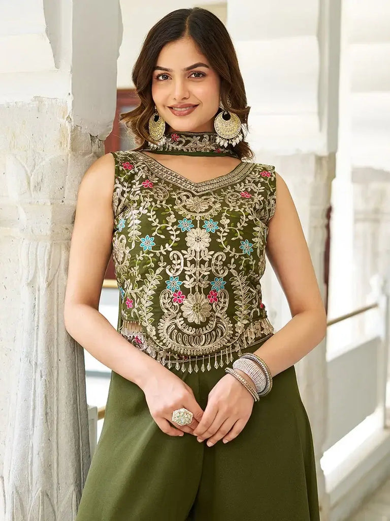 Sweet Green Thread Embroidered Mehendi Wear Palazzo Suit - Ethnic Plus In