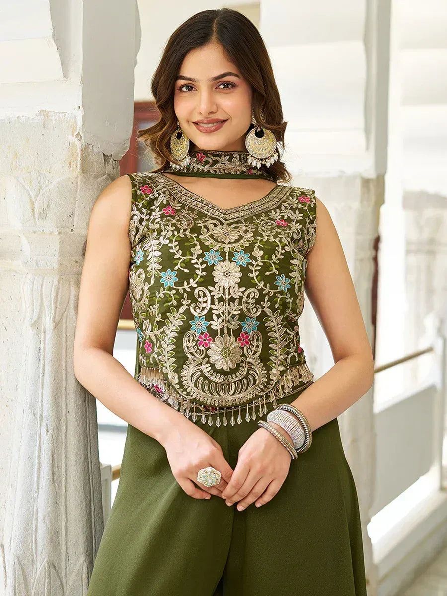 Olive green embroidered ethnic top with floral designs and matching palazzo pants