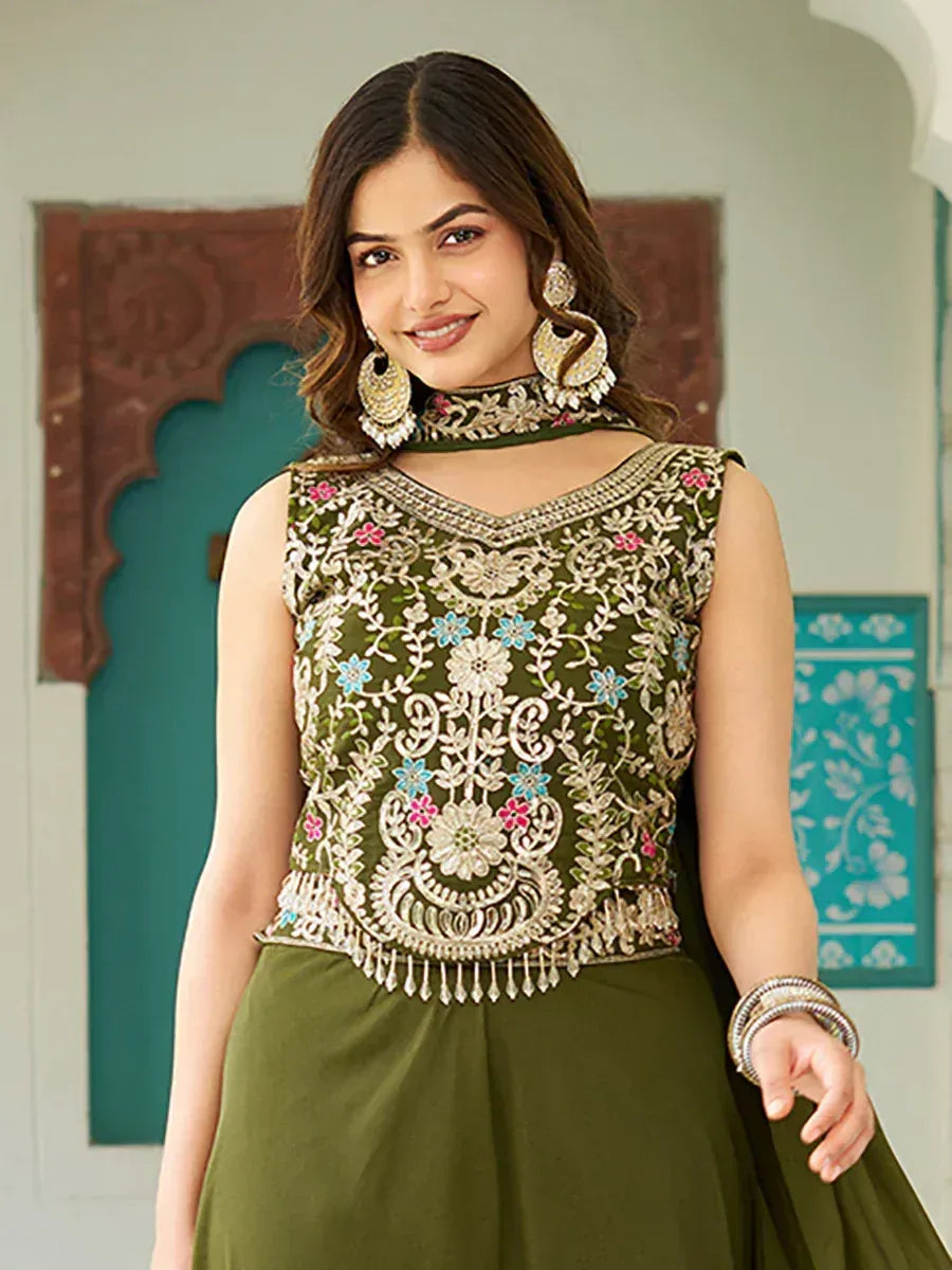 Olive green embroidered ethnic gown with floral detailing and choker neckline