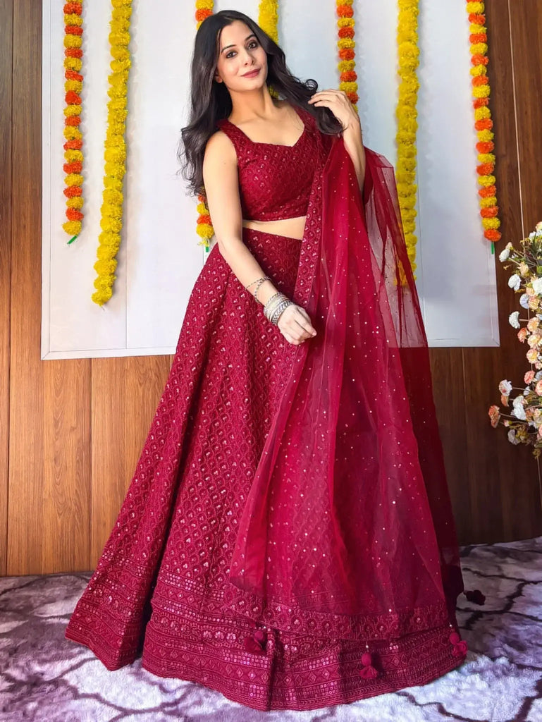 Sweet Maroon Sequins Georgette Festival Wear Lehenga Choli - Ethnic Plus In