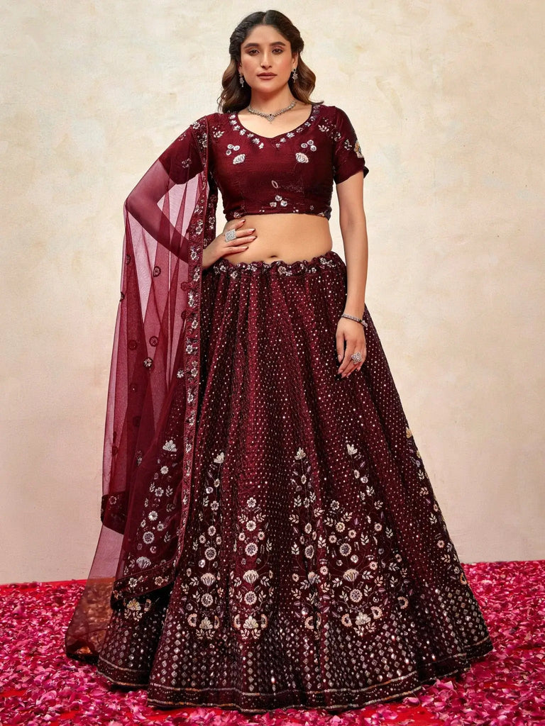 Sweet Maroon Sequins Net Wedding Lehenga Choli With Dupatta - Ethnic Plus In