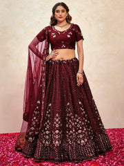 Sweet Maroon Sequins Net Wedding Lehenga Choli With Dupatta - Ethnic Plus In
