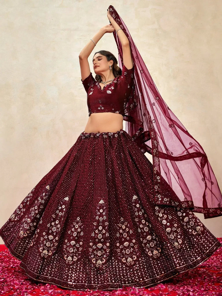 Sweet Maroon Sequins Net Wedding Lehenga Choli With Dupatta - Ethnic Plus In