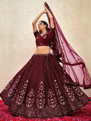 Sweet Maroon Sequins Net Wedding Lehenga Choli With Dupatta - Ethnic Plus In