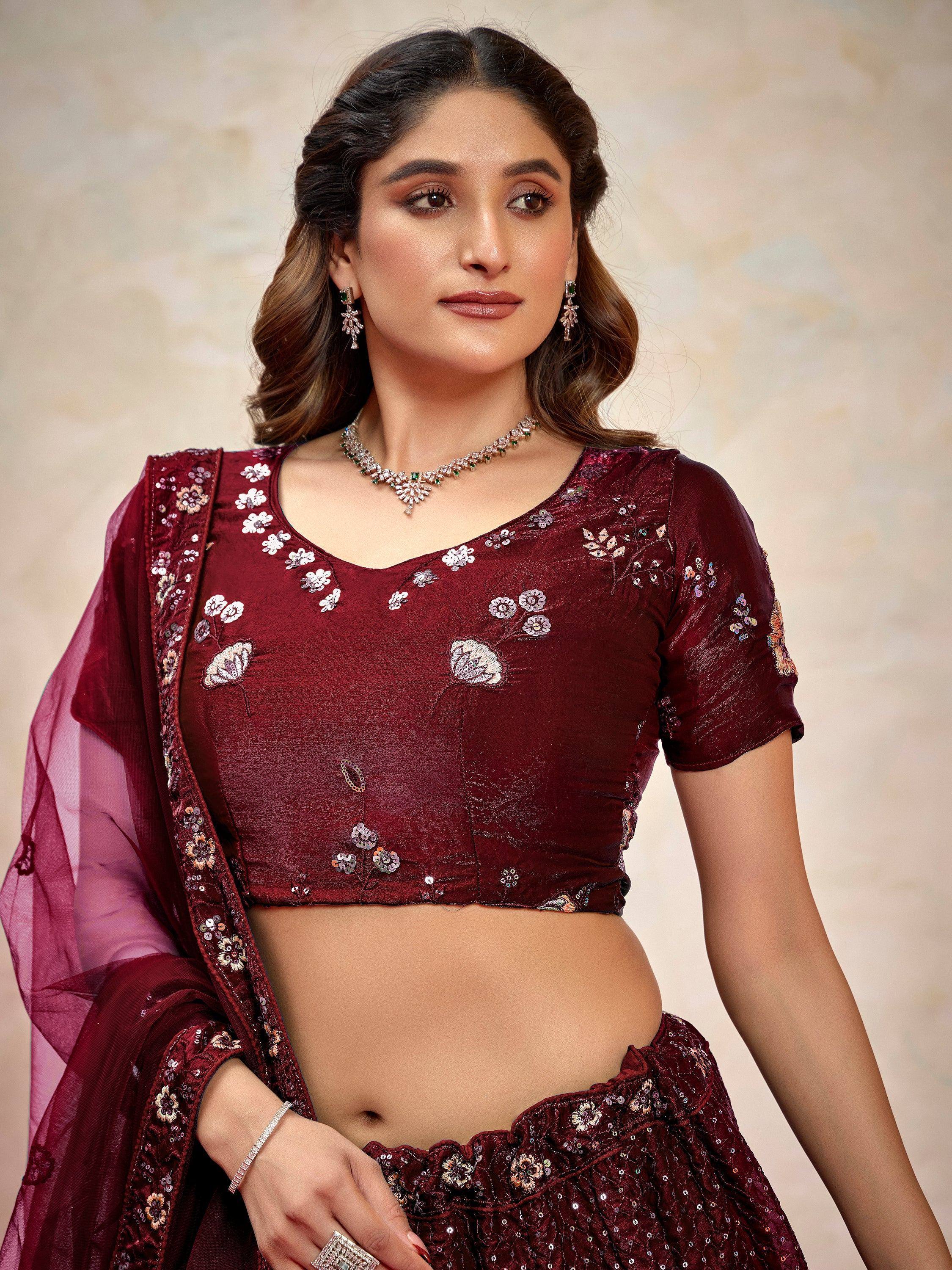 Maroon embroidered lehenga choli with floral sequin work, perfect for Indian ethnic wear occasions.