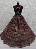 Sweet Maroon Velvet Bridal Lehenga Choli With Double Dupatta - Ethnic Plus In