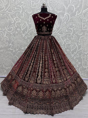 Sweet Maroon Velvet Bridal Lehenga Choli With Double Dupatta - Ethnic Plus In