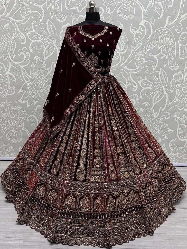 Sweet Maroon Velvet Bridal Lehenga Choli With Double Dupatta - Ethnic Plus In