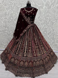 Sweet Maroon Velvet Bridal Lehenga Choli With Double Dupatta - Ethnic Plus In
