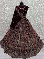 Sweet Maroon Velvet Bridal Lehenga Choli With Double Dupatta - Ethnic Plus In
