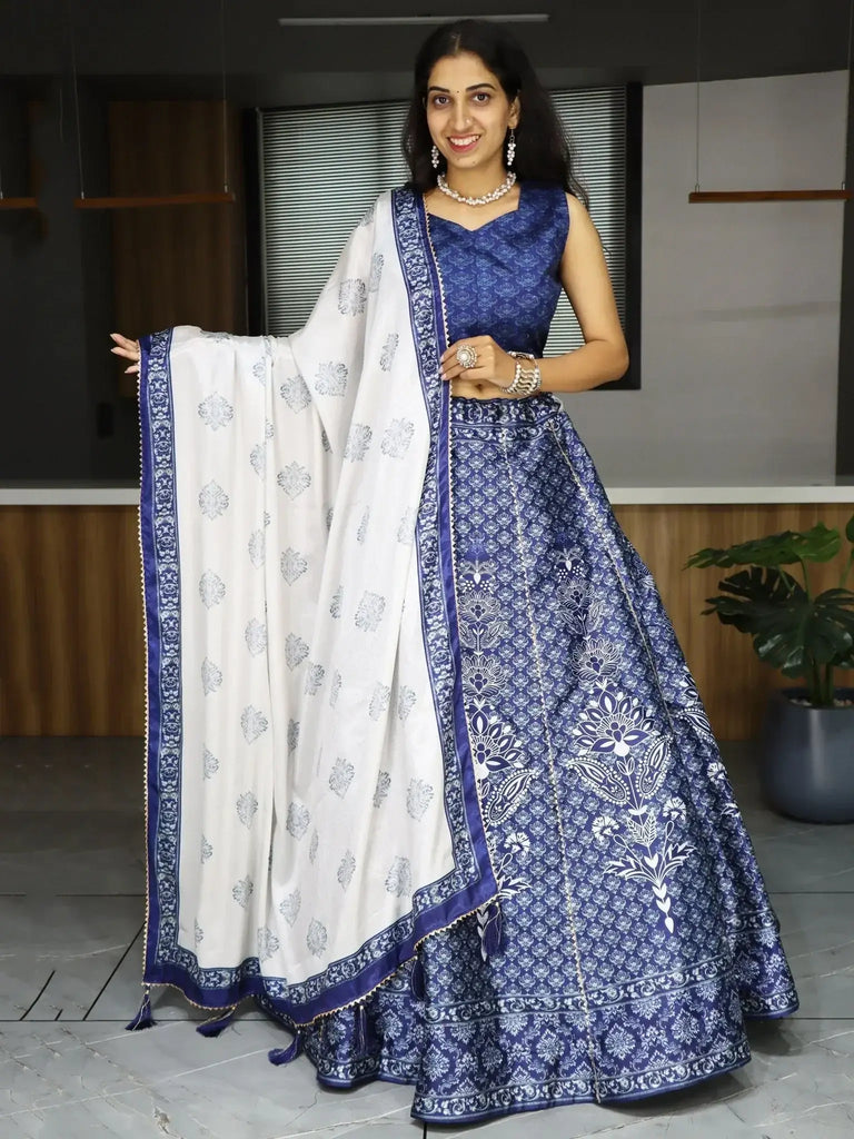 Sweet Navy Blue Printed Art Silk Event Wear Lehenga Choli With Dupatta - Ethnic Plus In