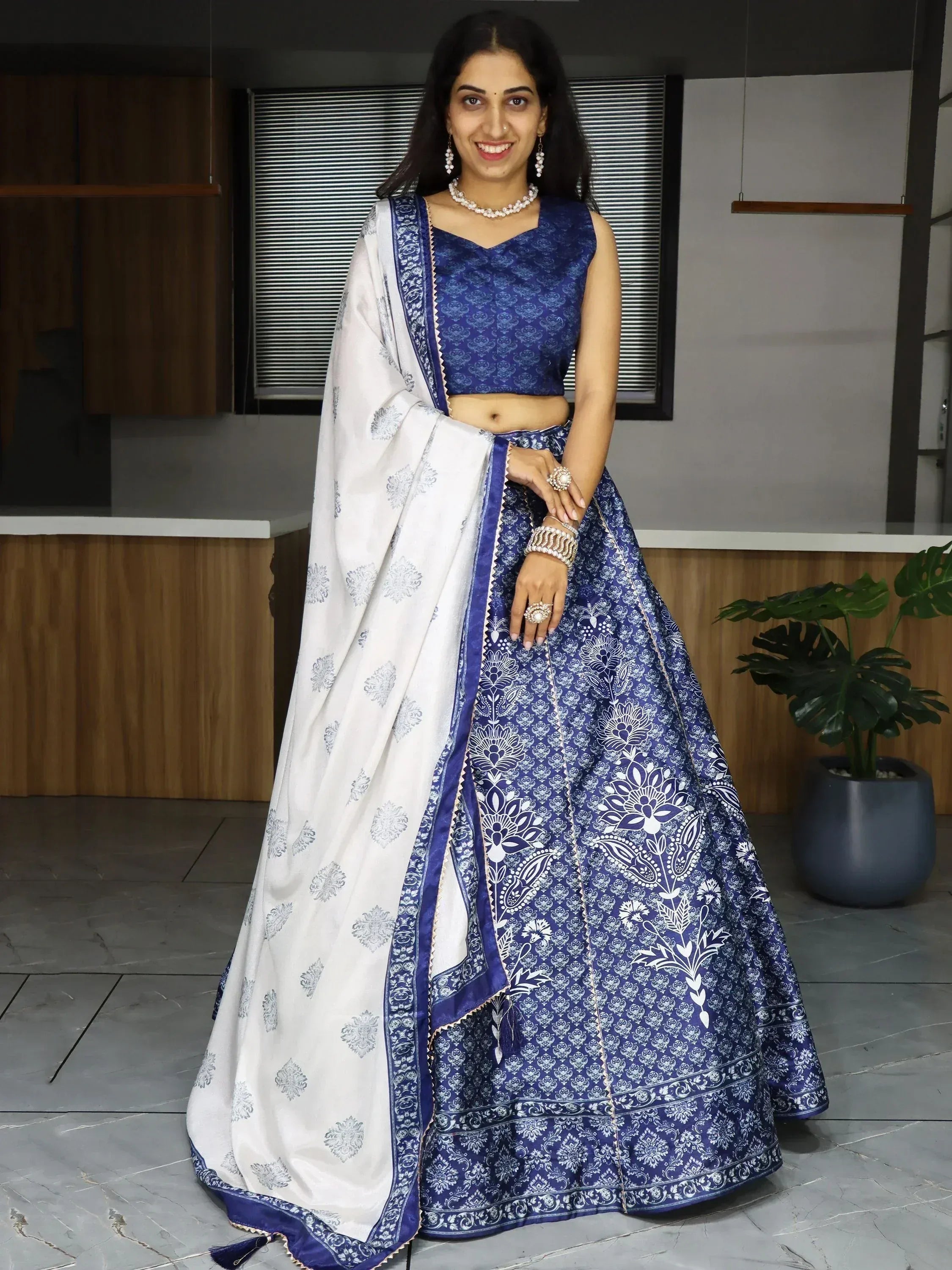 Blue and white printed lehenga choli with matching dupatta, Indian ethnic wear for women