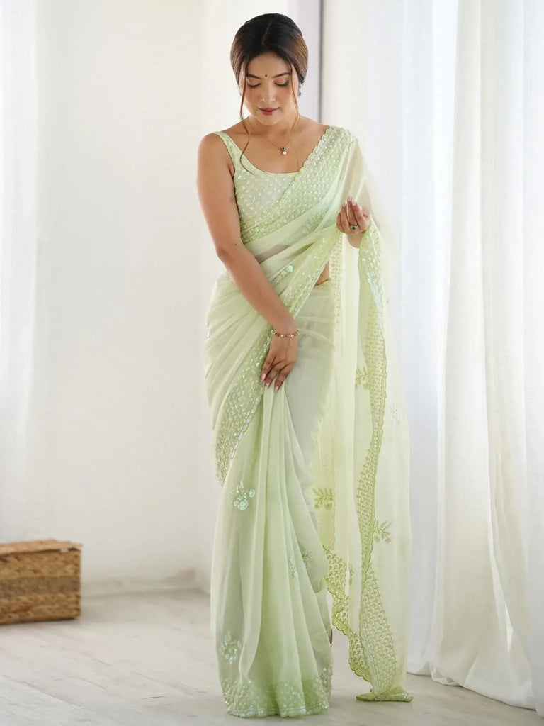 Sweet Pista Green Georgette Thread Work Traditional Saree - Ethnic Plus In