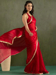Sweet Red Bordered Chiffon Ready To Wear Saree - Ethnic Plus In