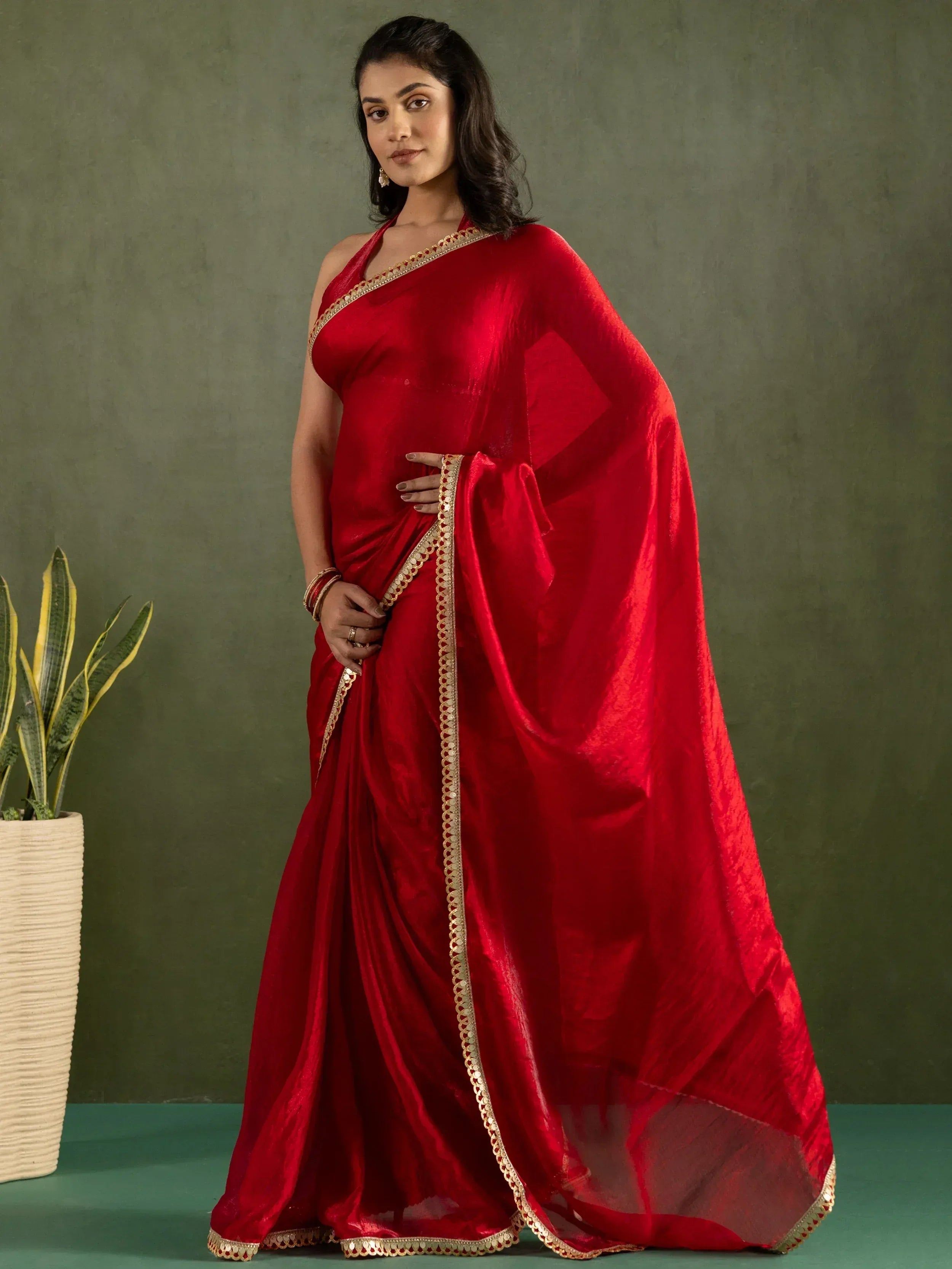Red velvet saree with gold border, Indian ethnic wear for women