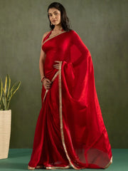 Sweet Red Bordered Chiffon Ready To Wear Saree - Ethnic Plus In