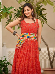 Sweet Red Georgette Mirror Work Navratri Wear Gown - Ethnic Plus In