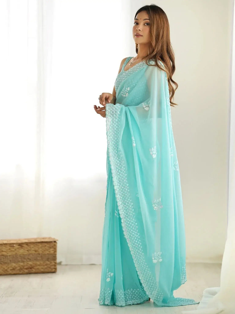 Sweet Sky Blue Georgette Sequins Festival Wear Saree With Blouse - Ethnic Plus In