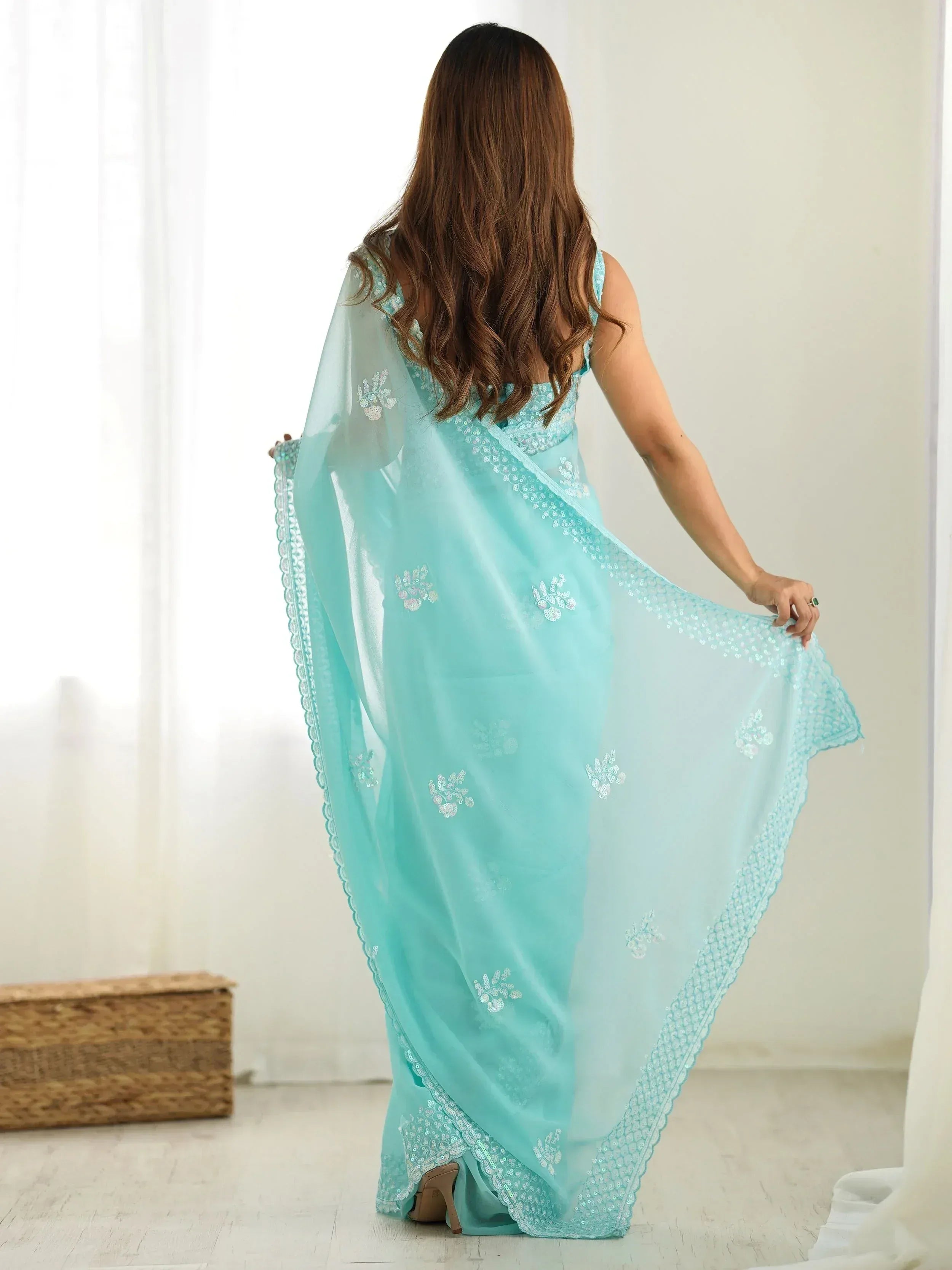 Light blue ethnic saree with sequin embroidery, worn by woman showcasing back view in bright room