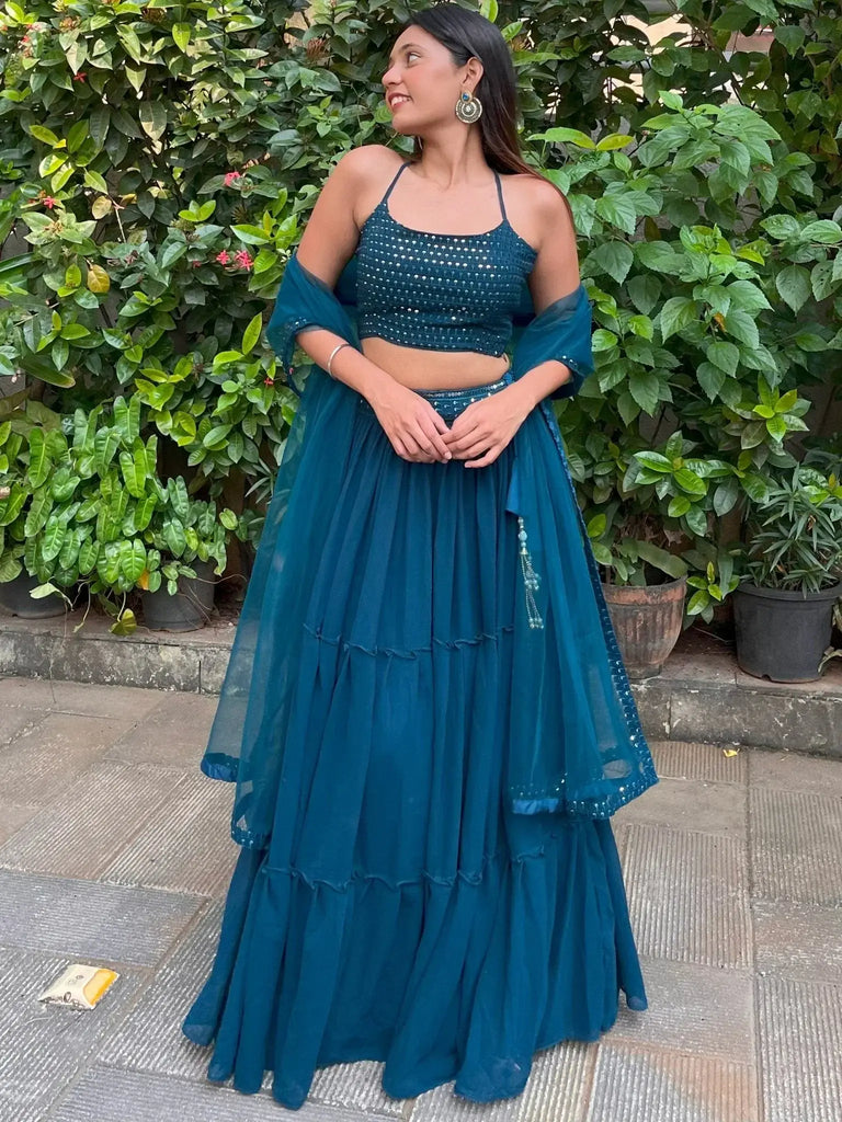 Sweet Teal Blue Georgette Party Wear Lehenga Choli With Dupatta - Ethnic Plus In