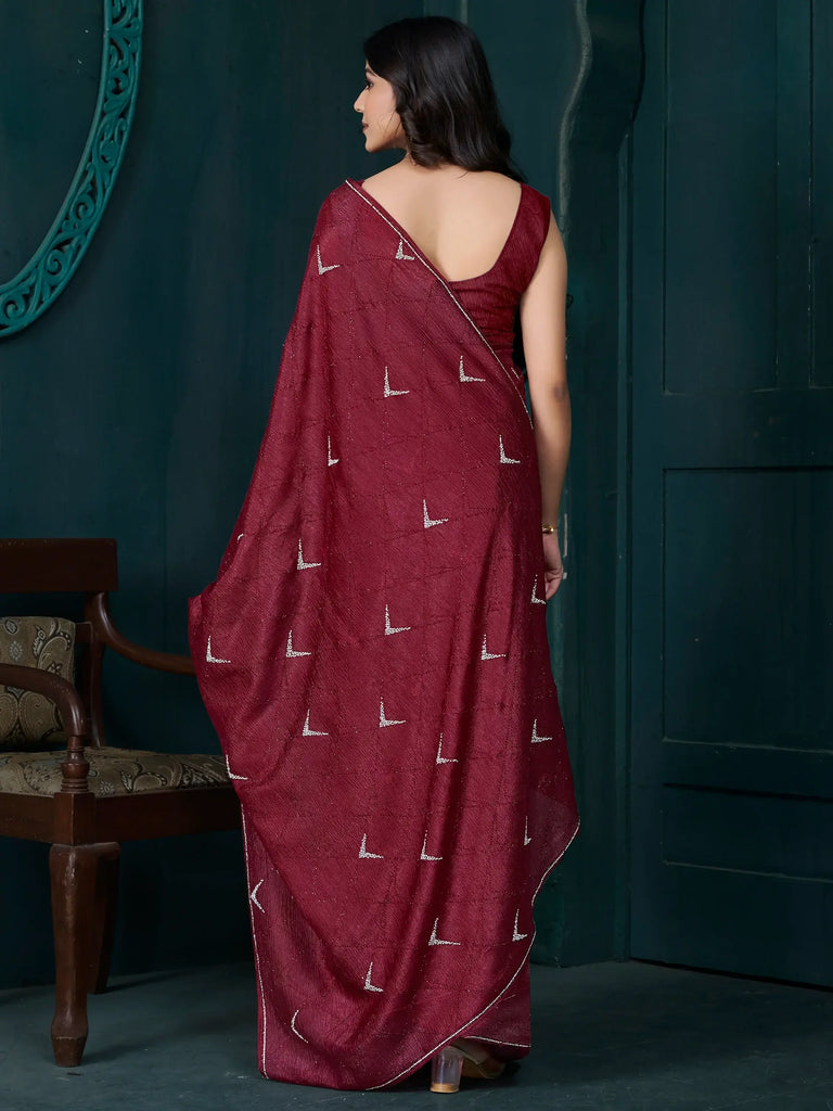 Sweet Maroon Diamond Work Crepe Event Wear Saree With Blouse