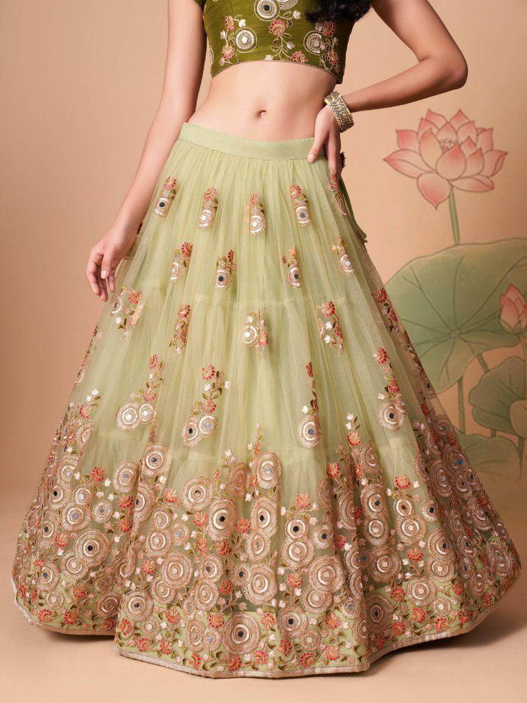 Impressive Pista Green Net Embroidered Wedding Lehenga Choli