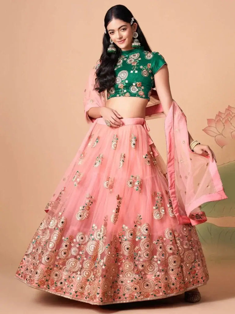 Elegant Peach Mirror Work Net Party Wear Lehenga Choli