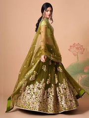 Gorgeous Olive Green Embroidered Net Wedding Lehenga Choli