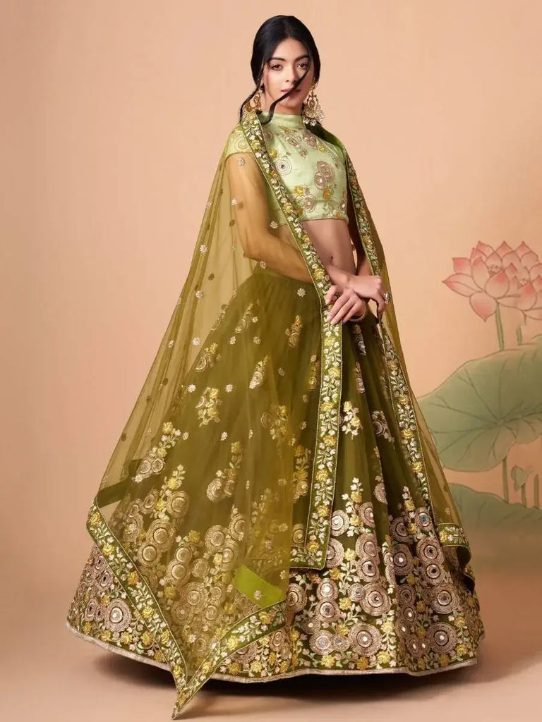 Gorgeous Olive Green Embroidered Net Wedding Lehenga Choli